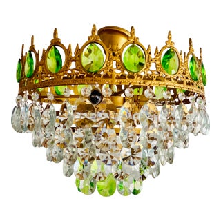 Vintage Emerald Green & Clear Crystal Crown Flush Mount Chandelier – 3 Light For Sale