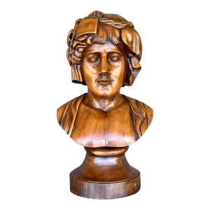 Vintage Boho Monumental Carved Wood Bust of Woman Sculpture