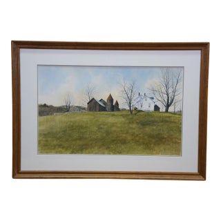 Thomas Puschock Farmhouse Barn Country Landscape Watercolor Painting 28" For Sale