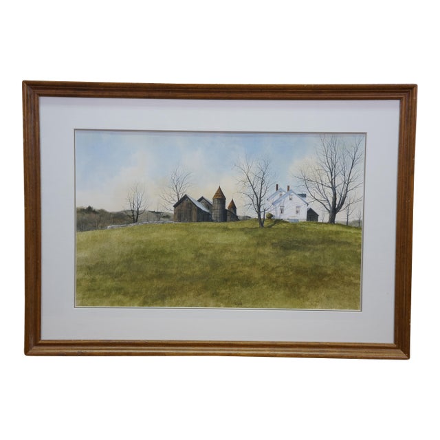 Thomas Puschock Farmhouse Barn Country Landscape Watercolor Painting 28" For Sale