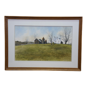 Thomas Puschock Farmhouse Barn Country Landscape Watercolor Painting 28"