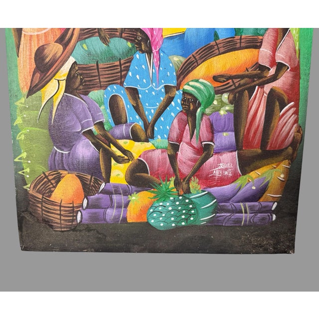 Late 20th Century Vintage Artist Signed Haitian Market Scene Oil Painting on Canvas For Sale - Image 4 of 7