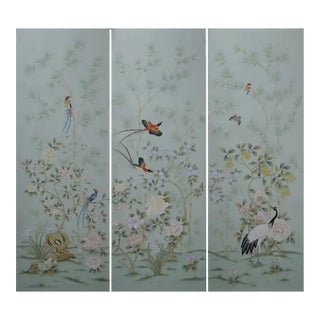 Chinoiserie Floral Mural Hand Painted Wallpaper - 3 Panels For Sale