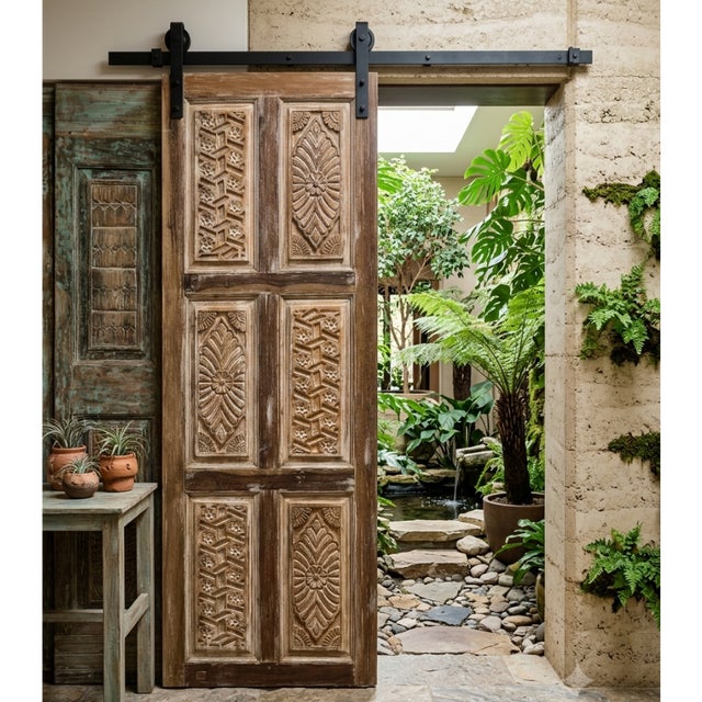 Antique Hand-Carved Floral Wood Door | Reclaimed Single Sliding Barn or Hinged Door 82 For Sale In Orlando - Image 6 of 6