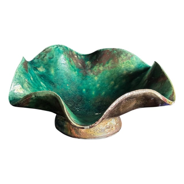 Late 20th Century Ruffled Raku Signed Pottery Bowl For Sale