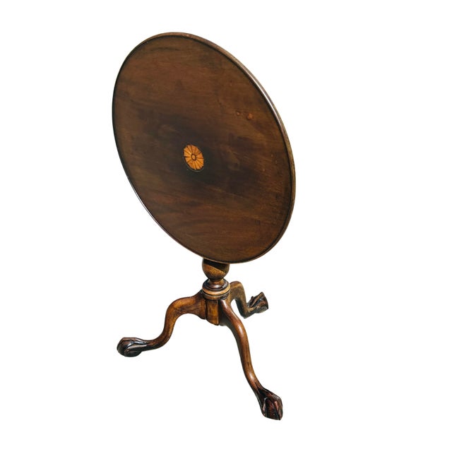 English Antique George III Mahogany Tilt-Top Tea Table With Satinwood Inlay & Ball-and-Claw Feet | Birdcage Tripod Base For Sale - Image 3 of 13