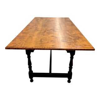 Solid Tiger Maple Dining Table With Stretcher Base and Turned Legs For Sale