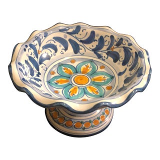 Vintage Italian Caltagirone Majolica Footed Pedestal Bowl - Hand Painted For Sale