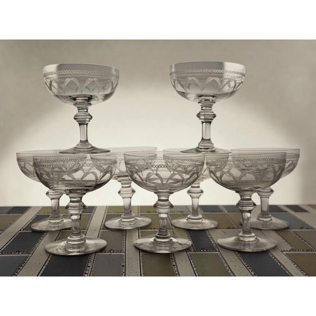 20th Century Engraved Crystal Champagne Coupes, 1920, Set of 9 For Sale - Image 8 of 8