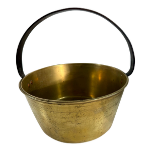 Antique French Brass Preserving Pot With Iron Swing Handle and Copper Rivets