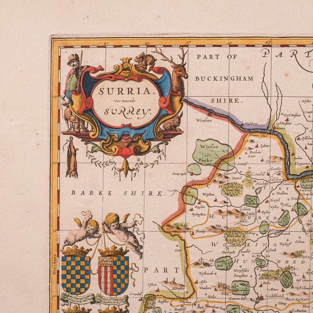 Antique Map of Surrey, English, Framed County Cartography, After Blaeu, c.1690 For Sale - Image 4 of 12