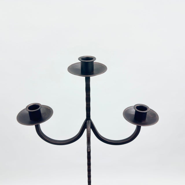 Rustic Hand Forged Iron Floor Candelabra 48″ (122cm) Antique Copper Patina 3-Arm Loop Design Classic Candle Holder Rustic Decor For Sale - Image 3 of 7