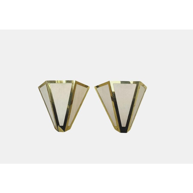 Elegant 70s Geometric Shaped Wall Sconces, Brass and Ivory toned acrylic Made in Germany by the Kullmann Company. In good...