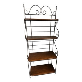Metal Bakers Rack Wood Shelves Scrollwork Display Shelf Bookcase Plant Stand For Sale