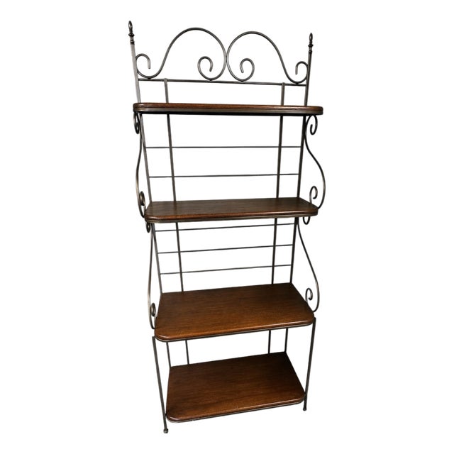Metal Bakers Rack Wood Shelves Scrollwork Display Shelf Bookcase Plant Stand For Sale