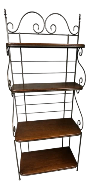 Metal Bakers Rack Wood Shelves Scrollwork Display Shelf Bookcase Plant Stand