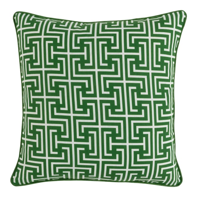 Outdoor Emerald Greek Key Pillow For Sale