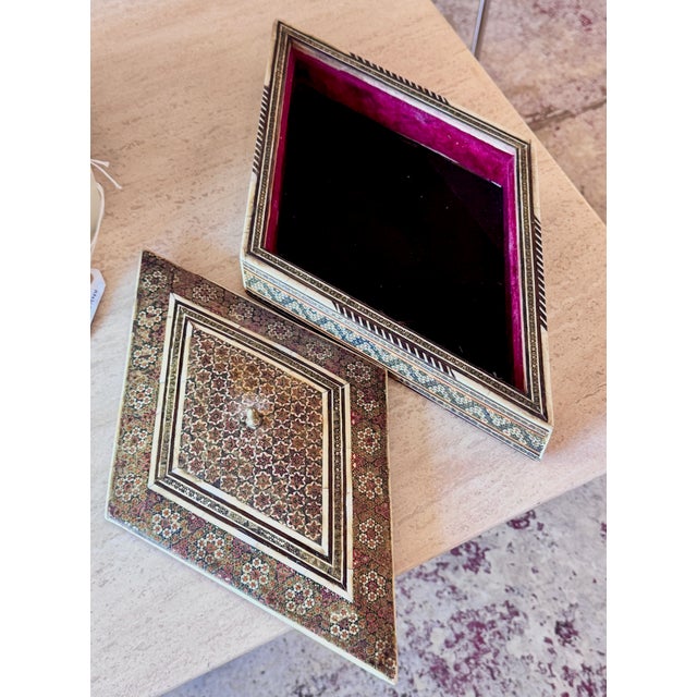 Antique Middle Eastern Marquetry Jewelry Box With Brass Inlay, Circa 1920 For Sale - Image 12 of 13
