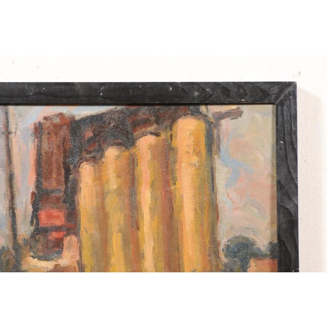 Beige Mid-Century Abstract Painting 'Town Landscape' in a Rustic Black Wood Frame For Sale - Image 8 of 11