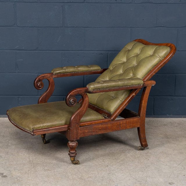 Antique English Mahogany Reclining Armchair with Green Leather Upholstery, 19th Century For Sale - Image 4 of 18