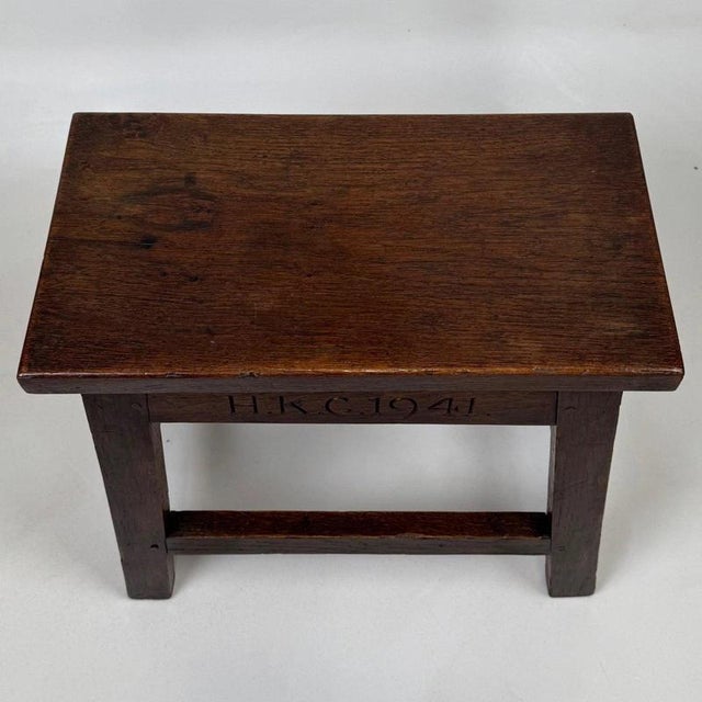 Vintage English Carved Joined Oak Stool, 1941 For Sale - Image 10 of 11