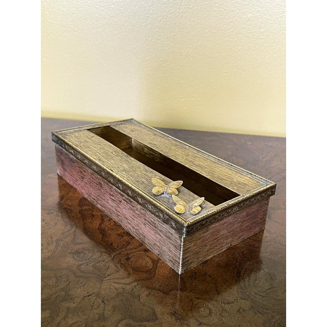 1950s Italian brass tissue box cover with embossed butterfly decoration. Rectangular Italianate design with ornate edges...