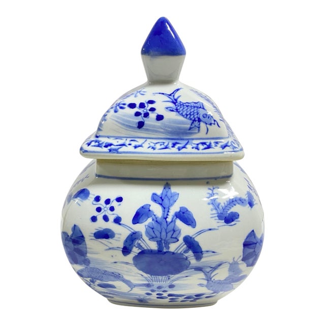 Vintage Blue & White Koi Porcelain Lidded Ginger Jar - Chinoiserie Decor Accent For Sale