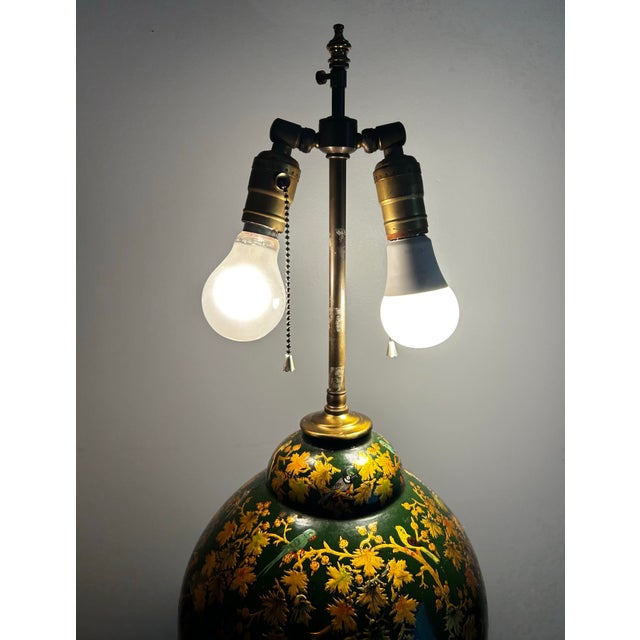 Antique Large Table Lamp Gold Laquored With Handpainted Birds and Leaves For Sale - Image 4 of 12