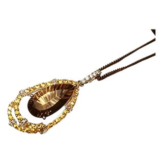 Late 20th Century 14K White Gold Citrine Smoky Topaz Diamond Drop Pendant For Sale