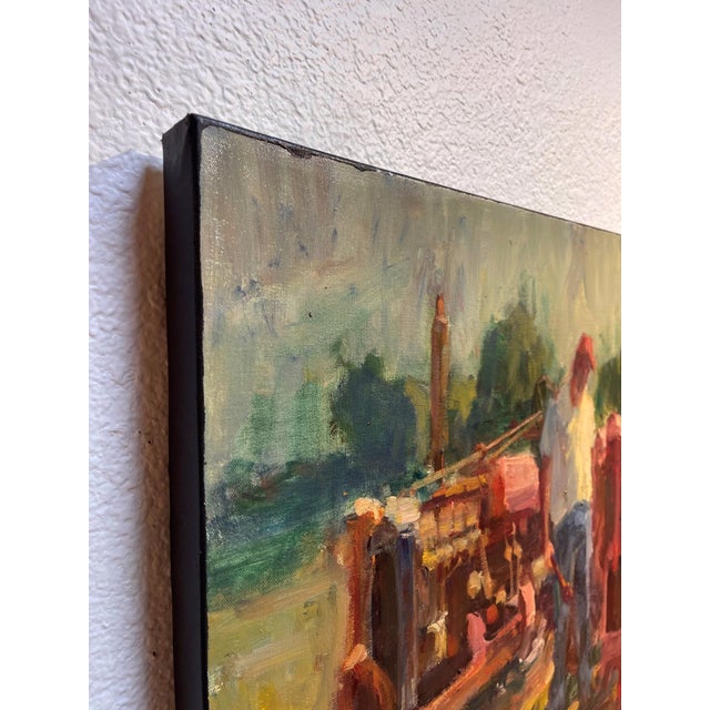 American Farmalls Field by Ken Valastro | Oil Painting of red tractors in a field with a farmer For Sale - Image 3 of 4
