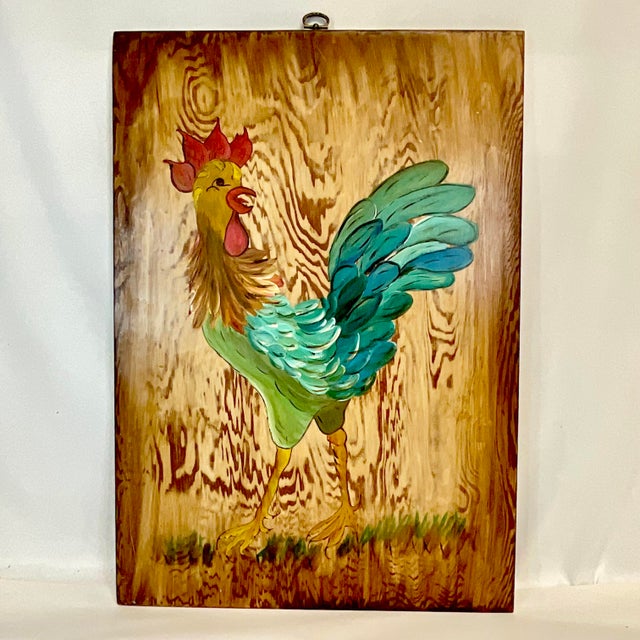 Farmhouse 1970s Mid-Century Farmhouse Chic Original Acrylic Painting, Chicken on Pine Wood For Sale - Image 3 of 14