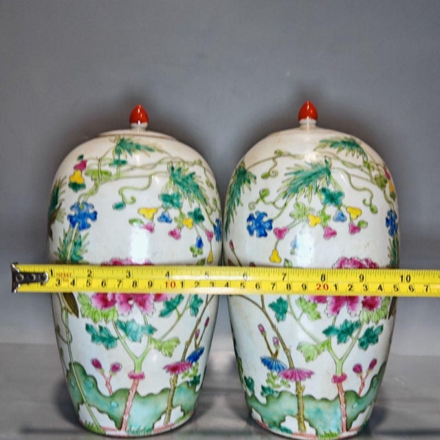 Green Vintage Chinoiserie Famille Rose Floral & Bird Lidded Jars - A Pair For Sale - Image 8 of 9