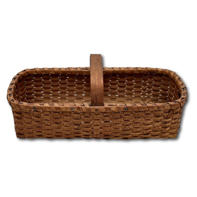 Outstanding Small Size Antique New England American Hand Woven Ash Wood Splint Egg Gathering Basket For Sale - Image 9 of 18