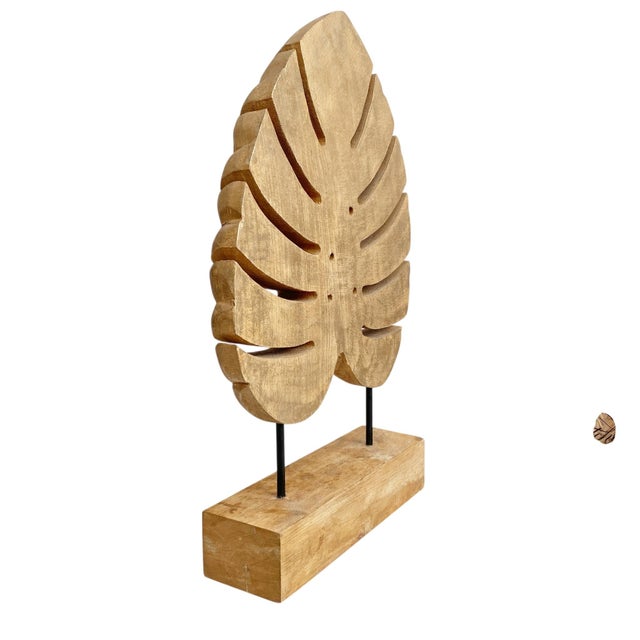 Contemporary Large Carved Wood Monstera Leaf Sculpture With Gold Paint For Sale - Image 3 of 6