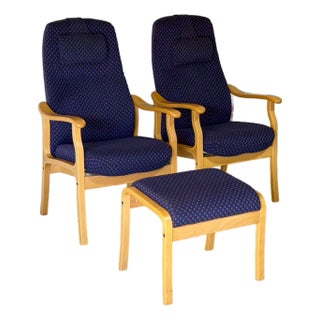 Bentwood High Back Lounge Chairs With Ottoman Set of 3 Vintage Mid-Century Modern 1970s For Sale