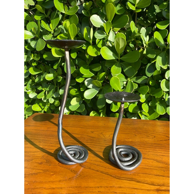 Vintage Hand Forged Brutalist Wrought Iron Spiral Candlesticks, Stamped Jb - Pair For Sale In Naples, FL - Image 6 of 12