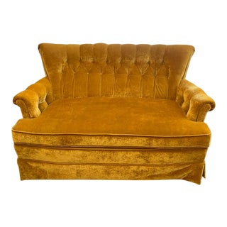 1960s Vintage Mustard Yellow Velvet Loveseat For Sale