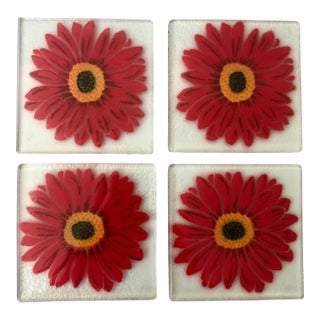 Retro Handpainted Red Zinnia Flower Glass Coasters, Signed For Sale