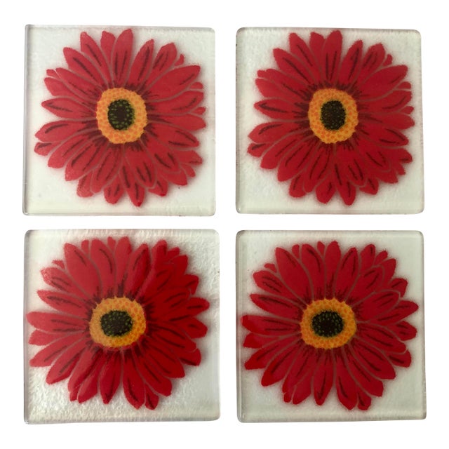 Retro Handpainted Red Zinnia Flower Glass Coasters, Signed For Sale