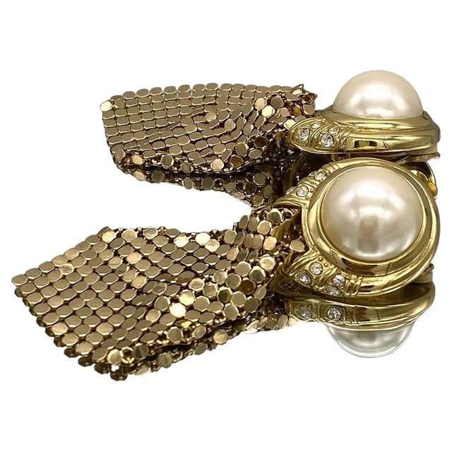 Whiting & Davis Art Deco Style Gold Mesh & Pearl Drop Earrings For Sale - Image 4 of 7