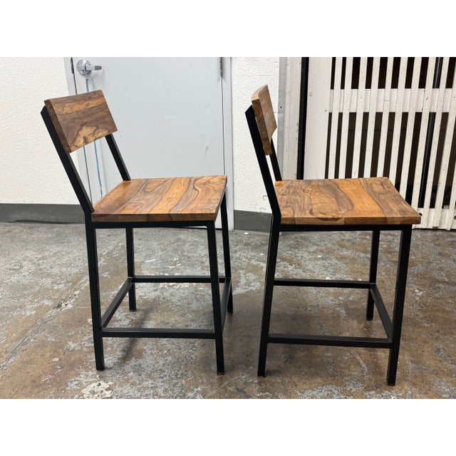 Industrial Acacia Wood + Metal Barstools, Pair For Sale In San Francisco - Image 6 of 12