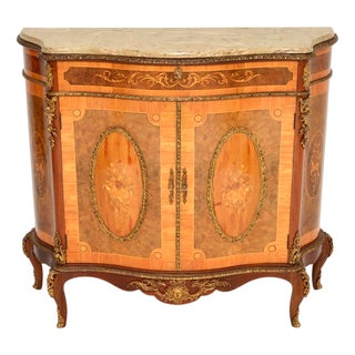 French Inlaid Marquetry Marble Top Cabinet, 1930 For Sale