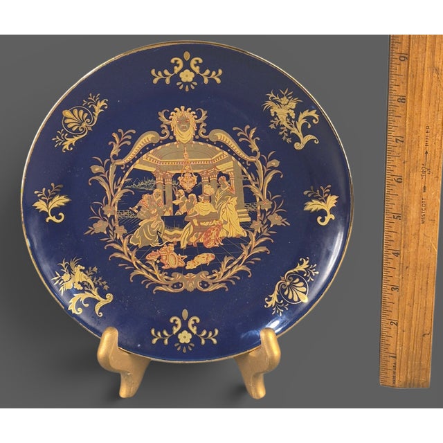Vintage Asian Chinoiserie Cobalt Blue Gilded Figural Scene Decorative Plate For Sale - Image 6 of 8