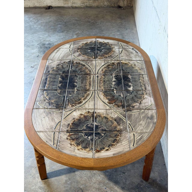 Oak Inset Tile Top Oval Coffee Table With Scalloped Apron Vintage Mid-Century Modern 1970s For Sale - Image 4 of 10
