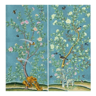 24" *48"/Panel, a Set of Two Panels, Blue Chinoiserie Birds and Flowers Wall Artwork For Sale