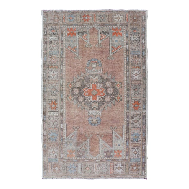 Medallion Design Vintage Turkish Oushak Rug With Salmon and Pops of Orange 3'4"x5'7" For Sale