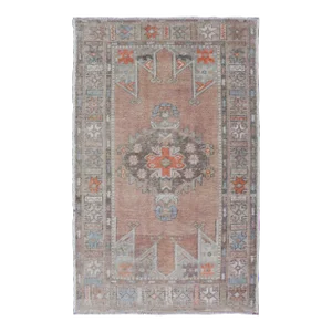 Medallion Design Vintage Turkish Oushak Rug With Salmon and Pops of Orange 3'4"x5'7"