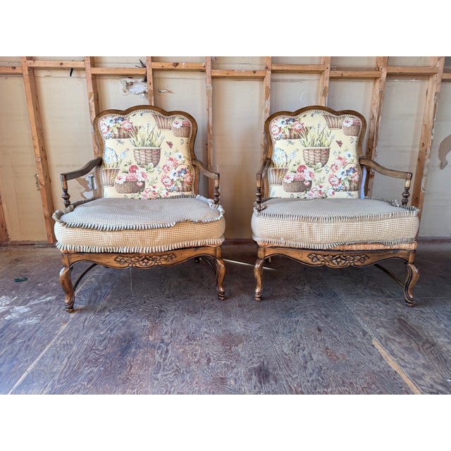 Late 20th Century Pair of Louis XV Floral Motif Upholstered Rush Seat Lounge ArmChairs With Ottoman For Sale - Image 10 of 16