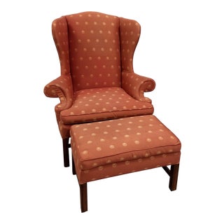 Sam Moore Red Upholstered Wing Chair and Ottoman - a Pair For Sale