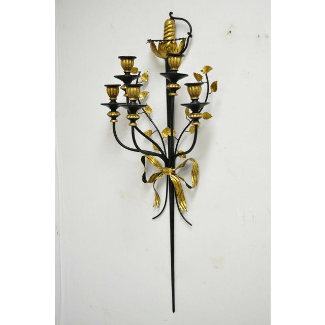 Vintage Italian Regency Black Gold Iron Tole Sword Candle Wall